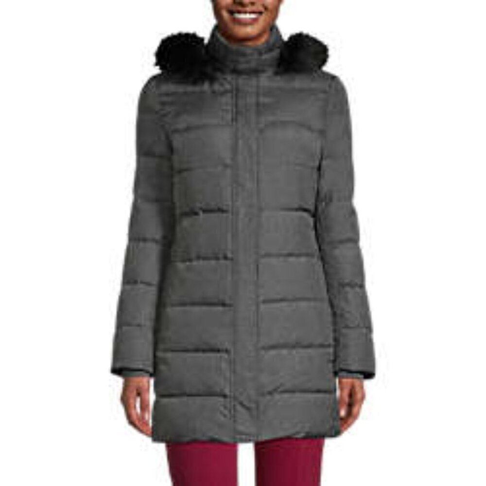 Lands' End Women's NWT 600 Down Winter Long Coat with Hood in Dark Stone Grey